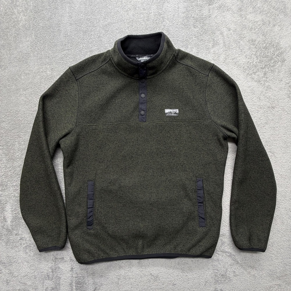 Eddie‎ Bauer Sweatshirt Mens M Green Pullover Mock Neck Fleece Pockets Snap